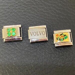 3  Vintage Italian Stainless Steel 9MM Charms - Volvo, May 4 Gem, Wrapped Gift